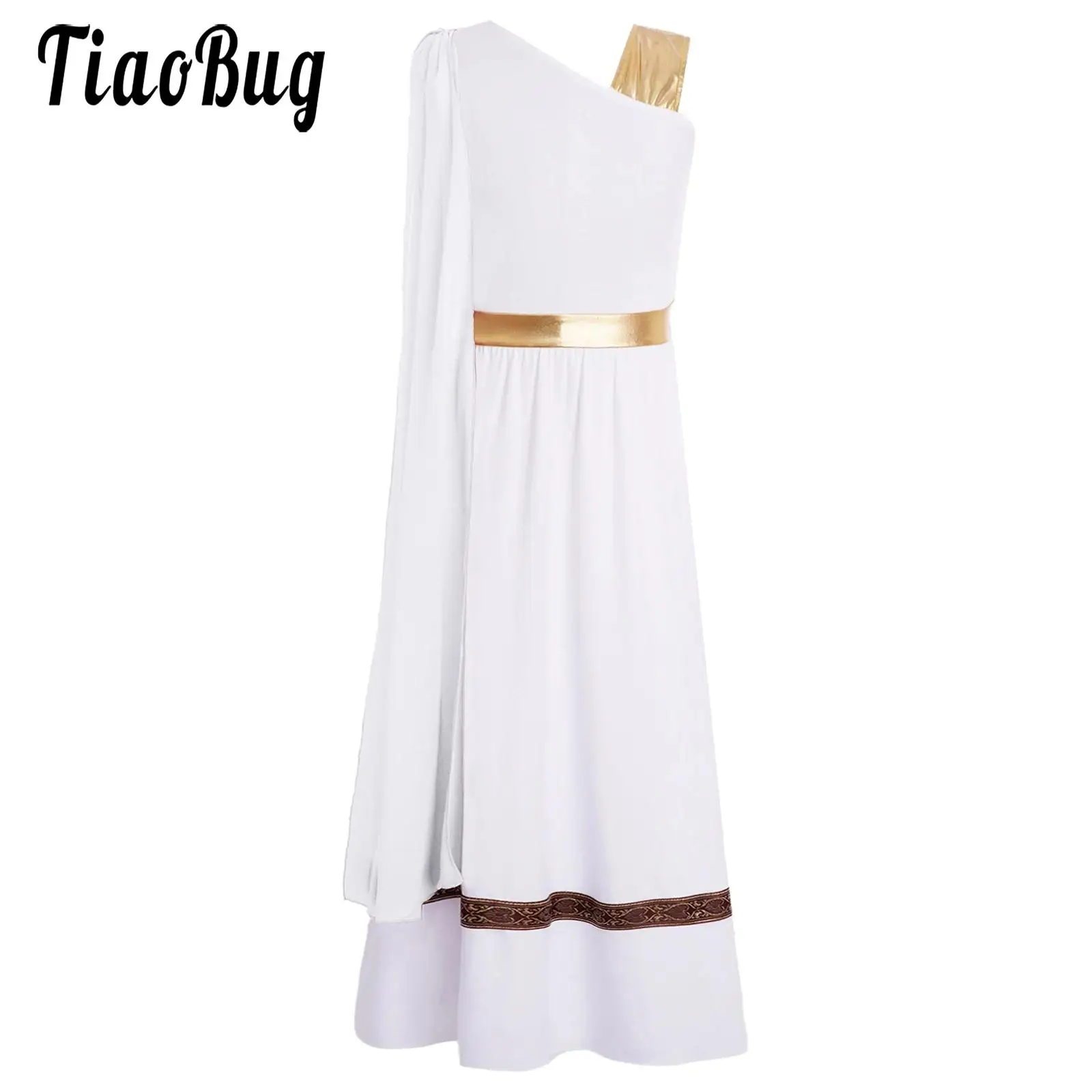 

Kids Girls Ancient Greek Toga Goddesses Costume Sleeveless Gold Trims Robe for Halloween Cosplay Greece Roman Queen Dresses