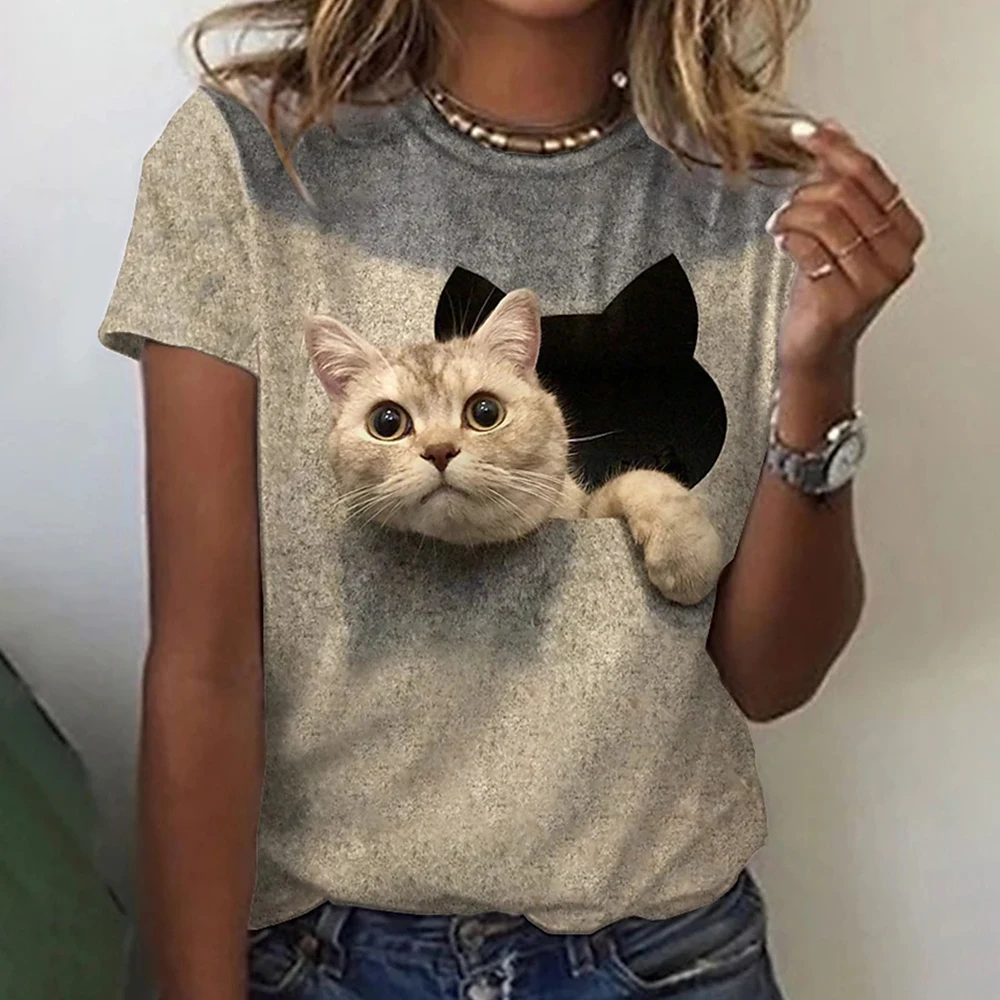 Moda bayan T-shirt 3D Kawaii kedi baskı Tees Tops 2024 yeni haruanimal hayvan kısa kollu T Shirt boy gevşek kadın giysileri