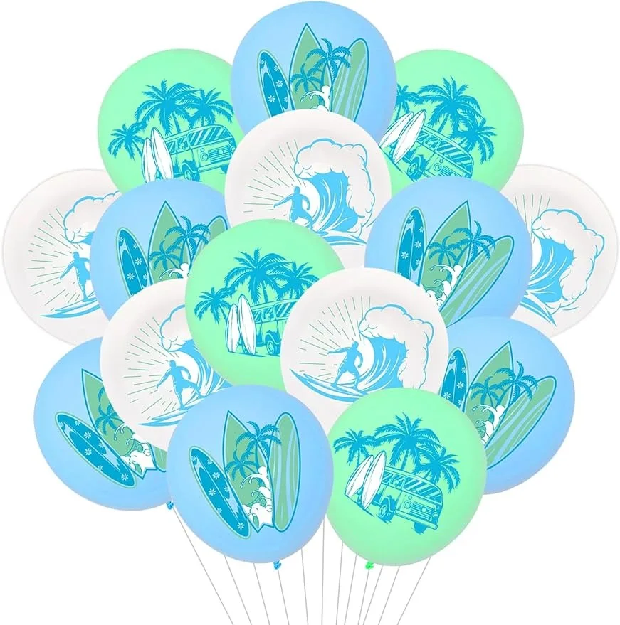 Joymemo Blue Surfing Themed Latex Balloon Set, Hawaiian Beach Surfboard Theme Sports Party for Surfing Baby Shower 1st Birthday