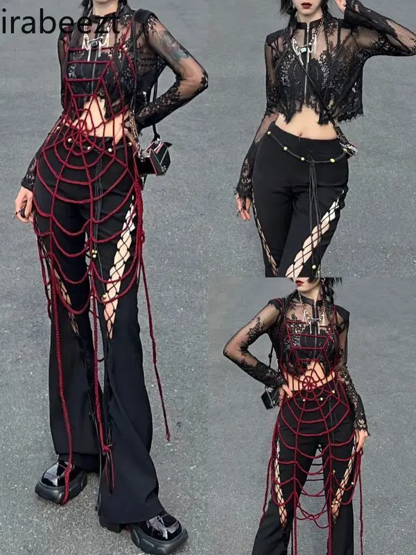 Summer 2024 Hand-woven Spider Web Fringe Long Folded Vest Red Black High Strecth Hot Tops for Women Slimming Y2k Clothes