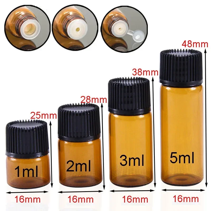 100 pz 1ml/2ml/3ml/5ml vuoto Dram ambra vetro bottiglia di olio essenziale fiale di vetro bottiglie riutilizzabili profumo olio campione bottiglia di prova