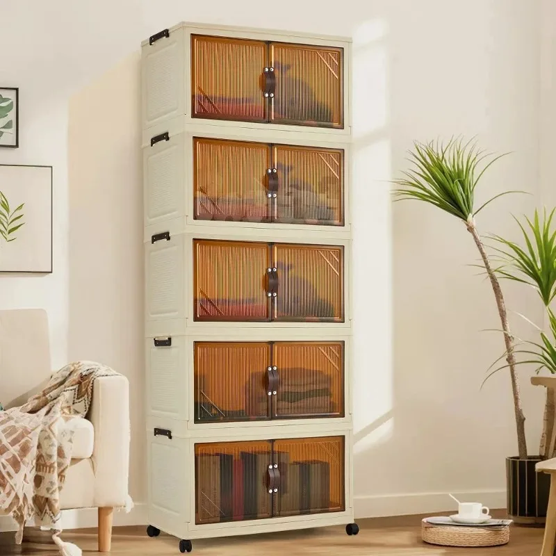 3/4/5-Tier Foldable Storage Cabinet with Lids & Wheels, Stackable Plastic Organizer for Closet, Bedroom, Office & Kitchen