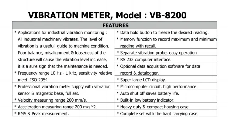 Medidor de frequência linear vb-8200, faixa de frequência 10 hz-1 khz, sensibilidade, atender iso 2954