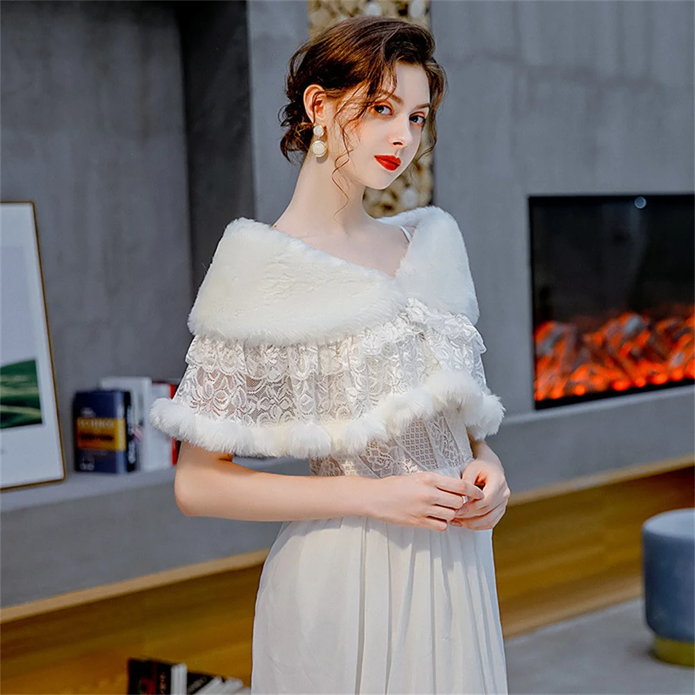 Fashion Winter White Short Thick Warm Wedding Cape Women Big Fur Collar Lace Bride Shawl Bridal Party Dress Wrap Accessories