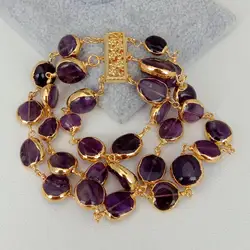 kkGEM 3 Strands Natural 10x12mm Amethyst Oval Pave With Electroplated Edge Wrap Bracelet 8