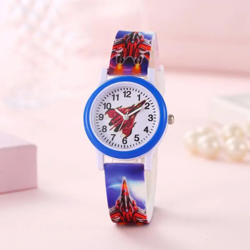 New Tide Student Youth Circle Shell Cartoon Color Printing Airplane Fighter Children's Watch