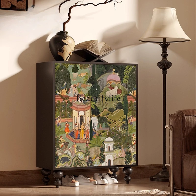 

Nordic retro entrance solid wood shoe cabinet living room door storage cabinet integrated against the wall