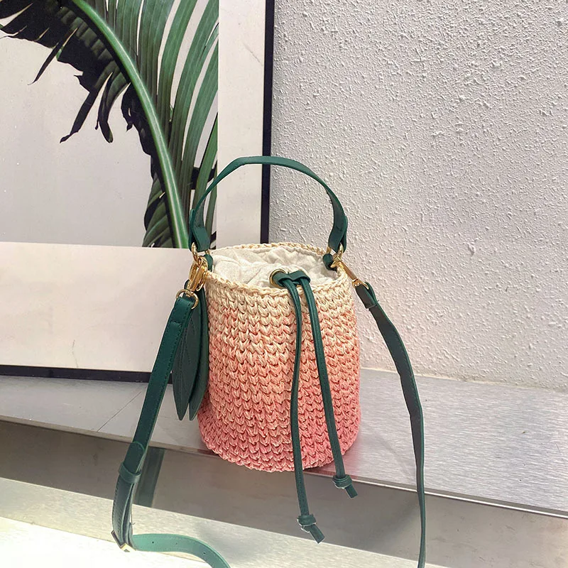 Cute Bucket Bag Portable Shoulder Hand-Woven Gradual Change Peach Straw Leaf Vacation Casual Messenger Bag