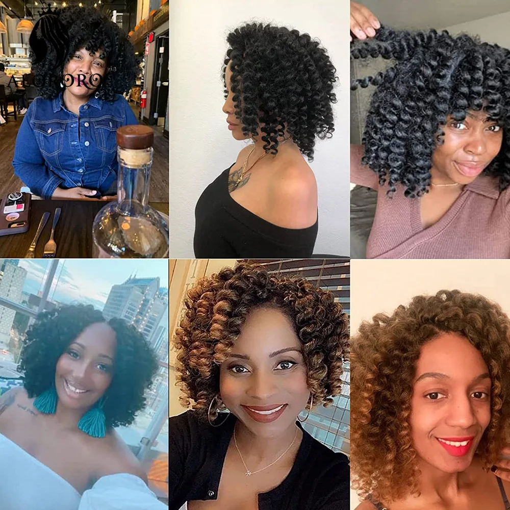 Sintético Curly Crochet Twist Cabelo, Wand Curl, Cabelo curto, Ombre Jumpy Trança, Extensões de cabelo preto, Bounce jamaicano, 8"