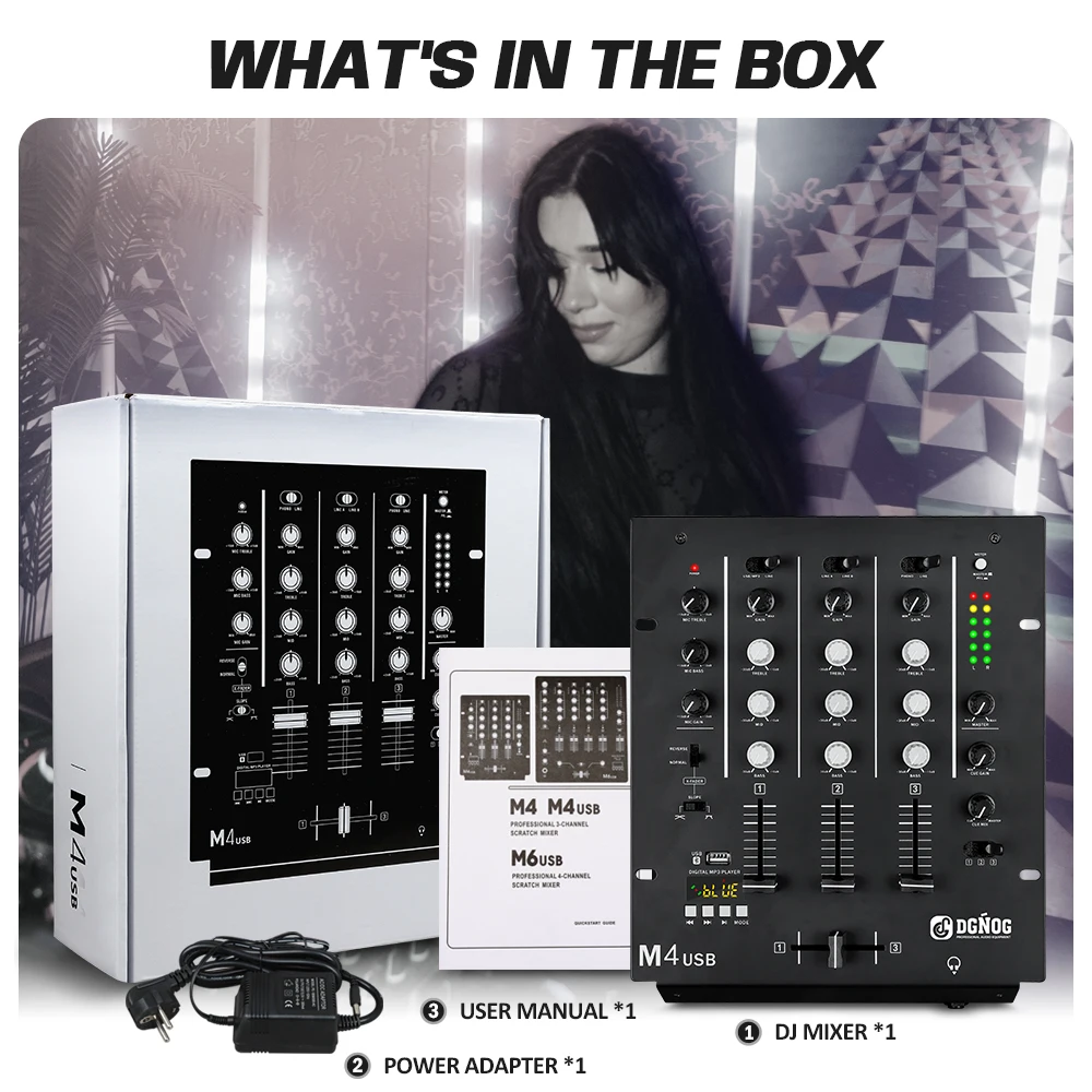 DGNOG M4 USB 3-Kanal-DJ-Kratzmischer mit integriertem Audio-Interface, 3-Band-EQ-Mikrofoneingang und austauschbarem Crossfader