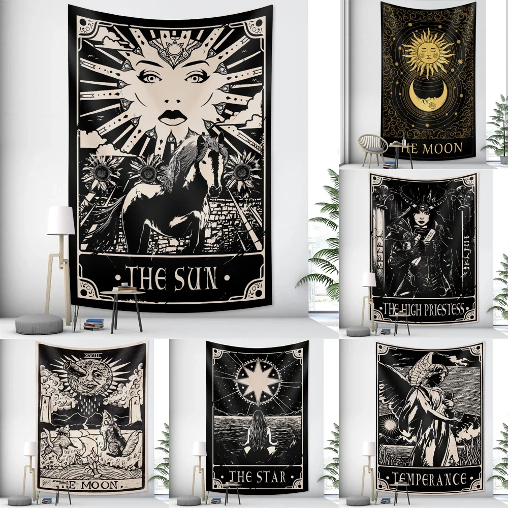 1 Stück Wandteppich mit Tarot-Karten-Motiv, Sonne, Mond, Sternmuster, Wandbehang für Schlafzimmer, Wohnheim, esoterische Dekoration