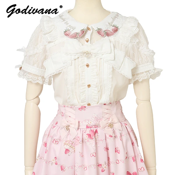 Japanese New Liz Plaid Bow Lolita Strawberry Embroidered Short Sleeve Shirt Women's Spring Summer Sweet Blouse Shirts