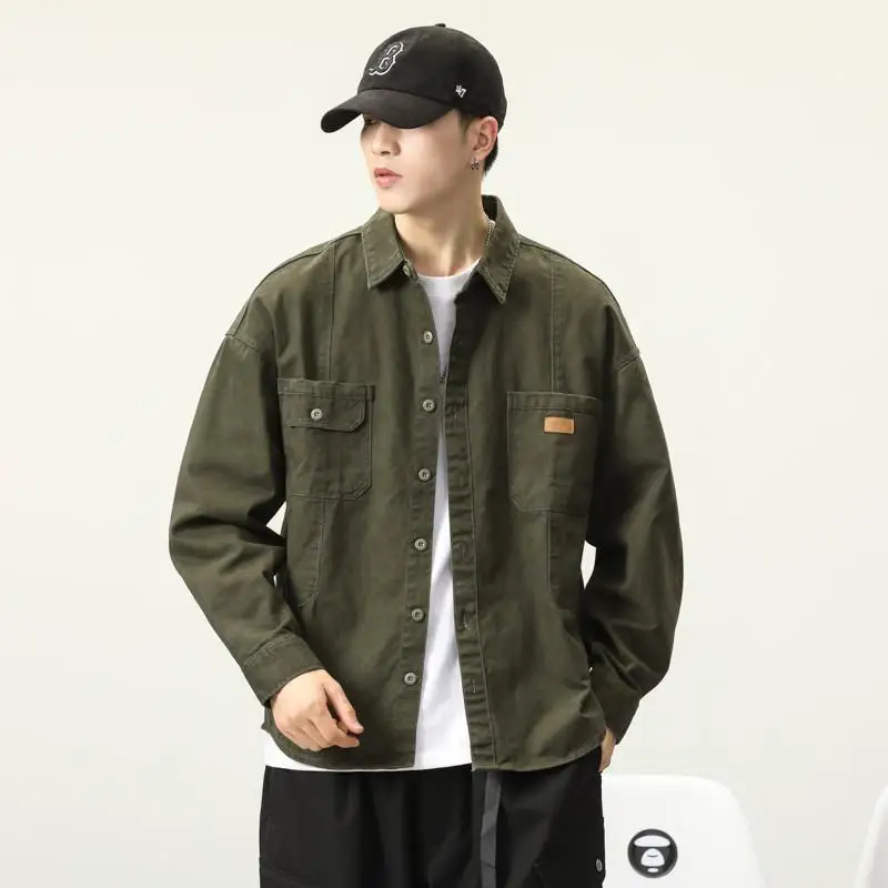 

American Sle Fce Lined Loose Men's Long Sve irt Autumn Winter Casual lin Jaet Coat Youth Trend Spring