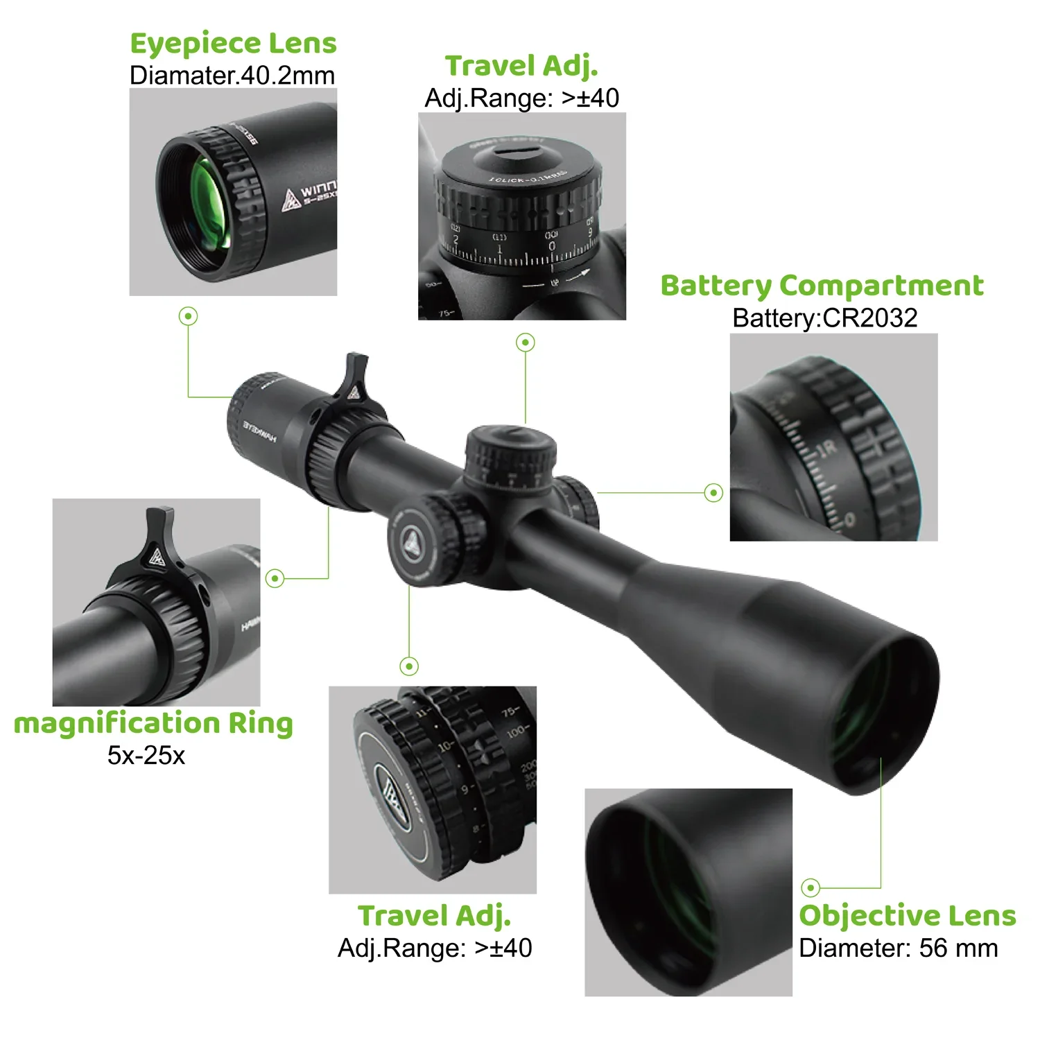 Hawkeye Optics نطاقات Rnage الطويلة 5-25X56FFP IR نطاق الصيد بدون توقف أنبوب 34 مم