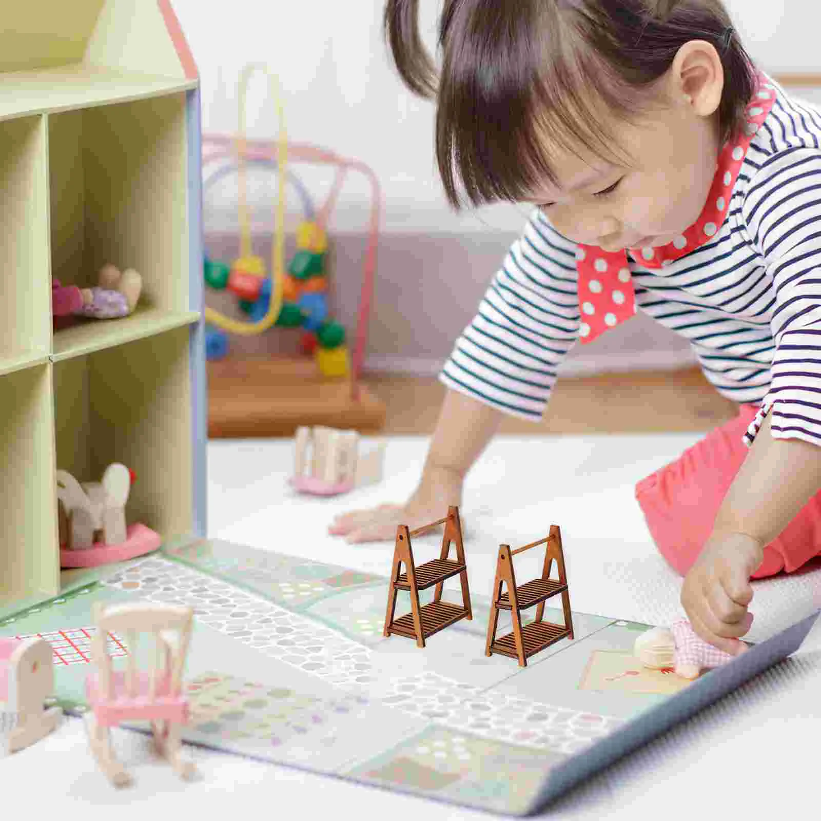 

2 Pcs Dollhouse Storage Shelf Double-layer Wooden Rack Bread Miniature Food and Play Scene Model 2pcs Furniture