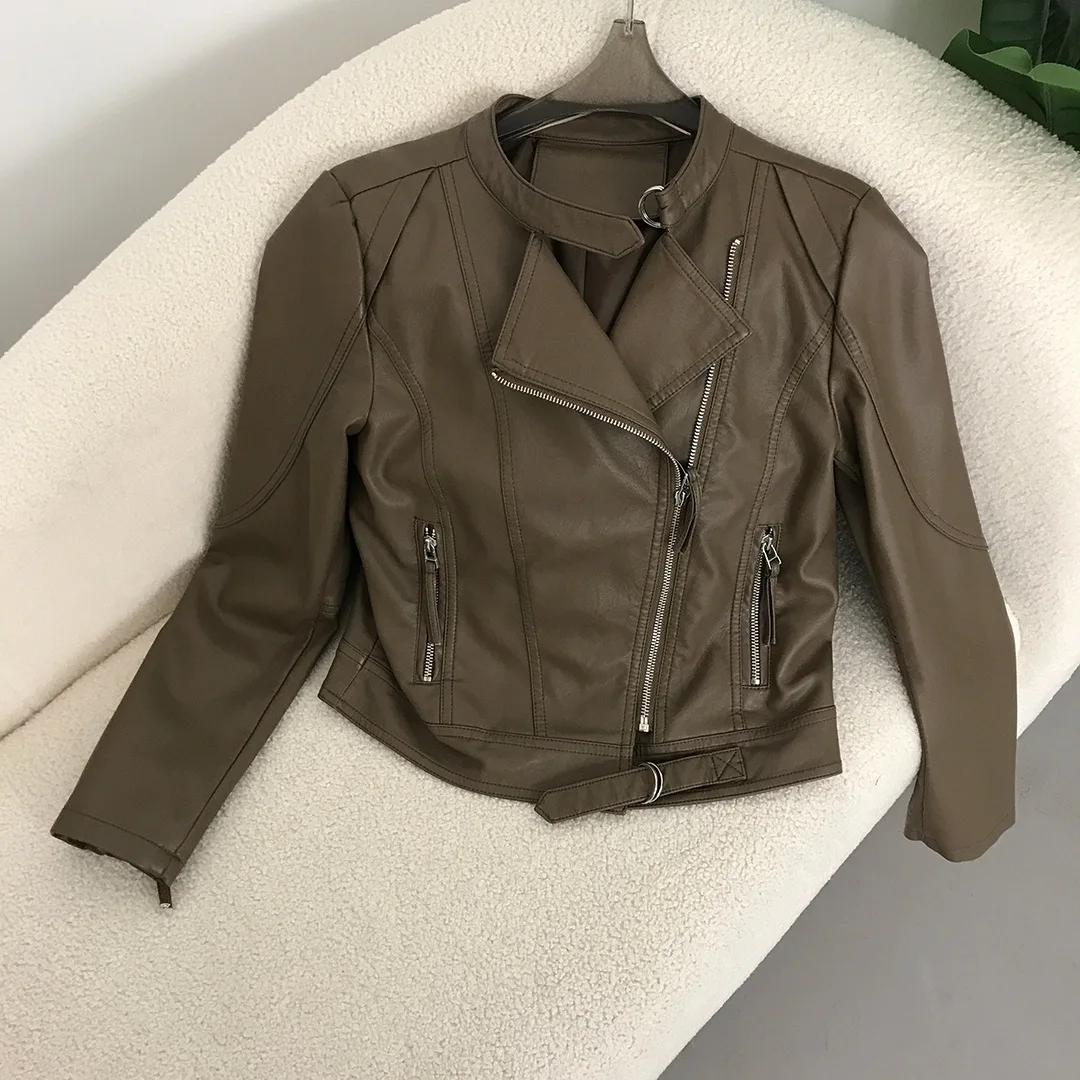 

2024 Fengchunqiu new women's standing collar slim fit PU washed leather motorcycle leather jacket fashionable and versatile shor