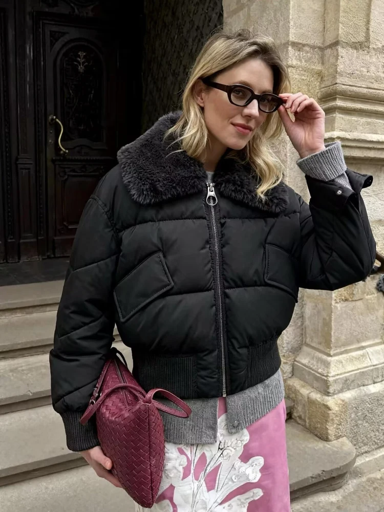 

Fashionable American Retro Style Short Coat Detachable Fur Collar Warm Cotton Jacket Short Length Women's Autumn Winter Outer...