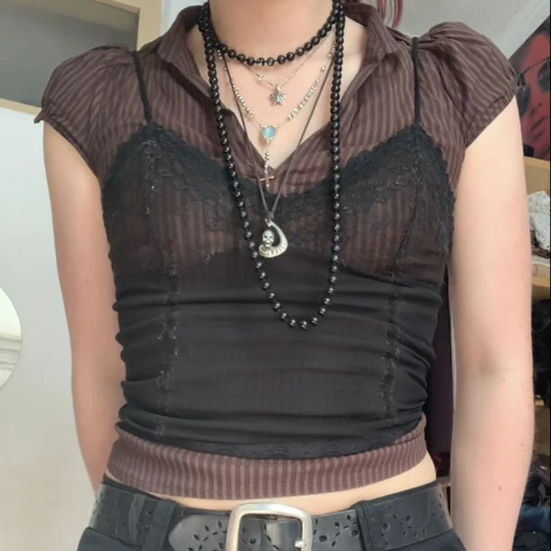 Caraco en maille et dentelle transparente pour femmes, haut d'été Sexy, col en v, sans manches, Corset transparent, Y2K, nouvelle collection