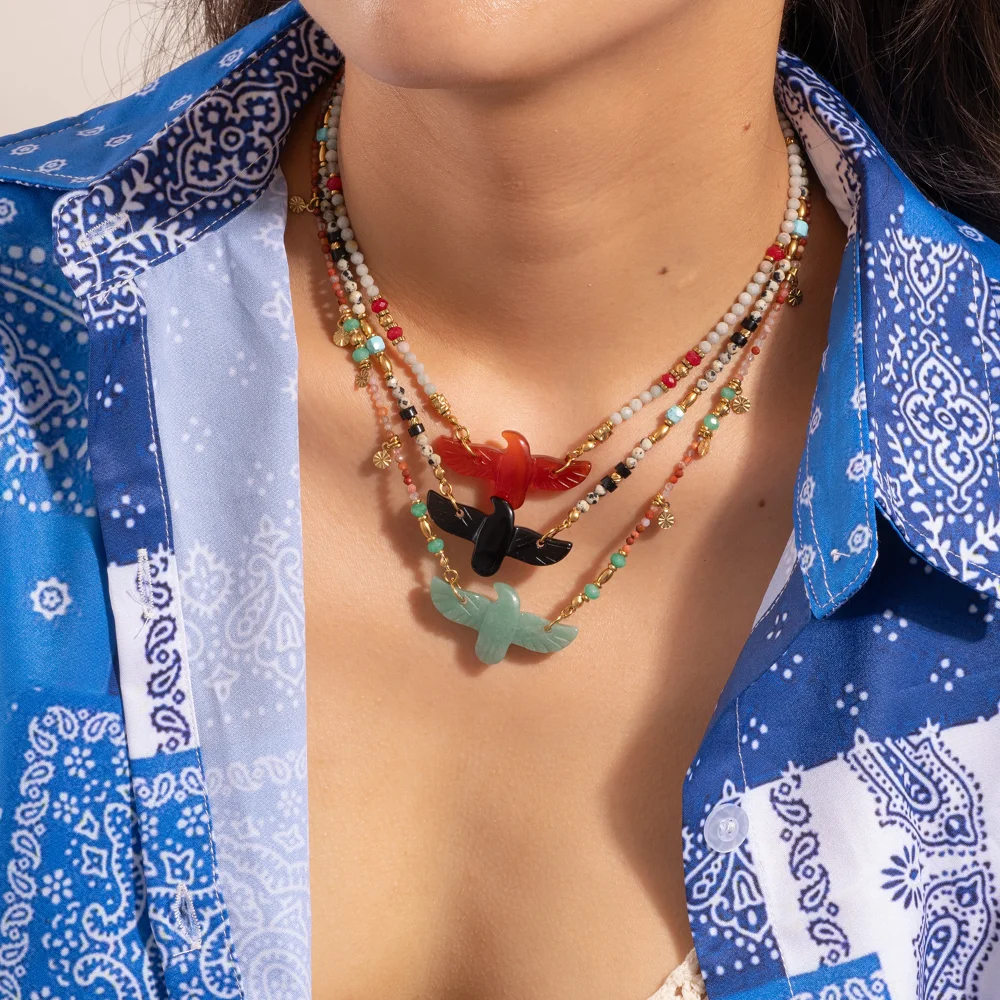 

Europe and AmericaVintage Little Eagle Natural Stone Titanium Steel Colorfast Beaded Necklace charm mini beaded sweater chain