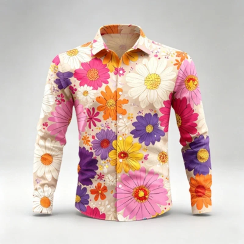 Men's long sleeved 3D shirt with European American style, men's lapel long sleeved shirt with colorful sunflower daisy floral p