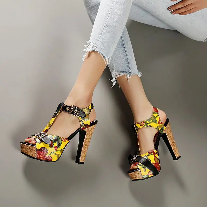 ORCHA LISA 2025 New Design Women Sandals Peep Toe Chunky Heels 12cm Platform 3.5cm T-Strap Mixed Color Flower Big Size 48 49 50 view 2