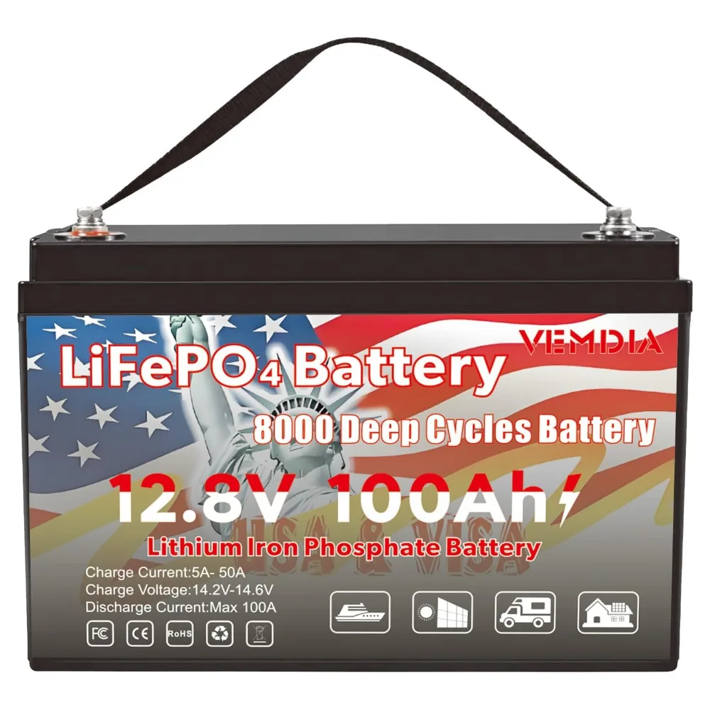 12V 100AH LiFePO4 Battery 1280WH 8000+ Cycles BMS for Tiny Home Trolling Motor Boat Off-Grid, Custom