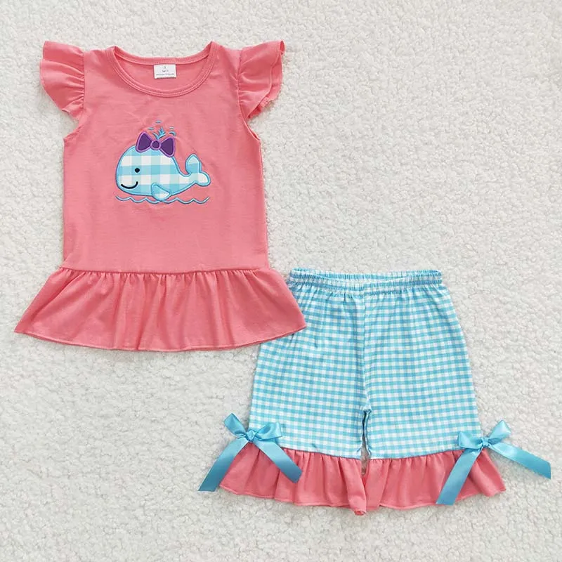 Wholesale Kids Children Short Sleeves Embroidery Tops Two Pieces Baby Girl Summer Set Fish Outfit Toddler Ruffle Shorts Clothes