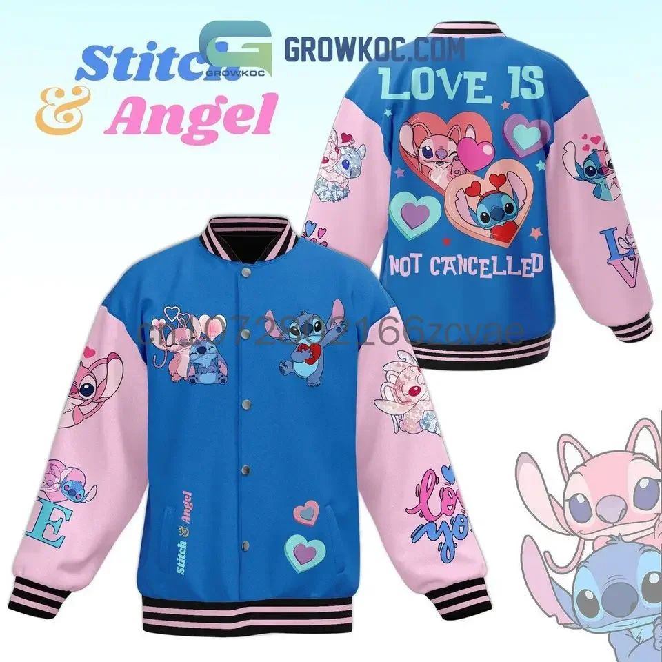 2024 New Free Custom Name Stitch and Angel Baseball Jacket Disney Casual Baseball Jacket Oversize Street Men's and Women's Jacke