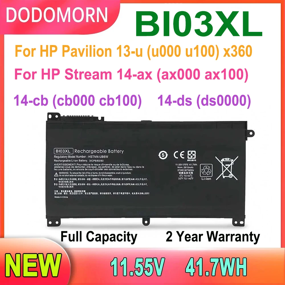 

DODOMORN BI03XL Laptop Battery For HP Stream 14-ax (ax000 ax100) 14-cb (cb000 cb100) 14-ds (ds0000) 13-u (u000 u100) x360 41.7Wh