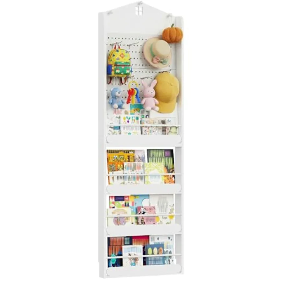 

Навесная 4-ярусная полка для книг за дверью, настенная книжная полка с перфорированной панелью DIY и 5 крючками, деревянный стеллаж для хранения книг