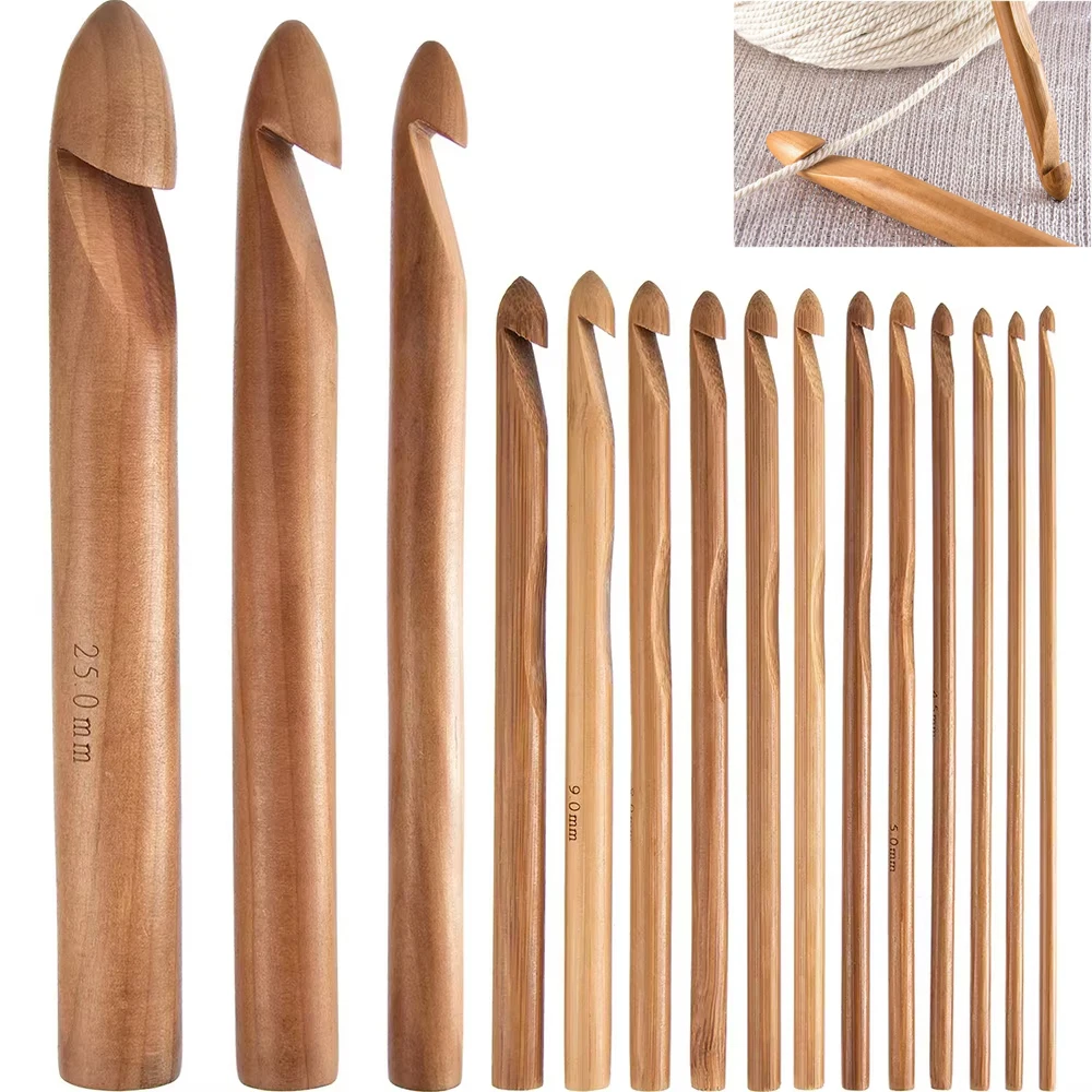 

15Pcs/Set Wooden Bamboo Crochet Hooks Set For Handcrafted Knitting Needles Weave Yarn Craft 3-25mm