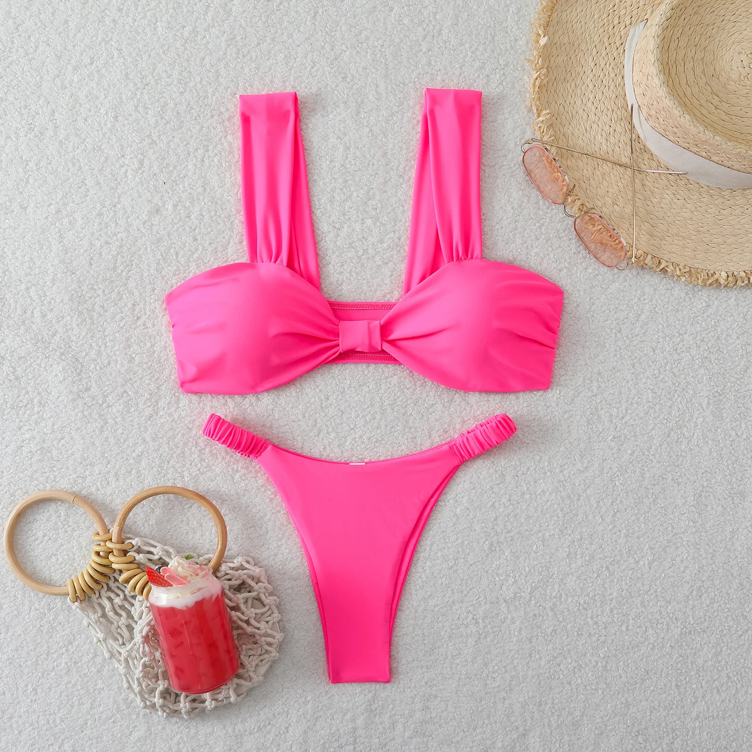 sexy knot plain bikinis sets two pieces swimsuits elastic waist bathing suit swimwear beach outfits biquini tankini trikini