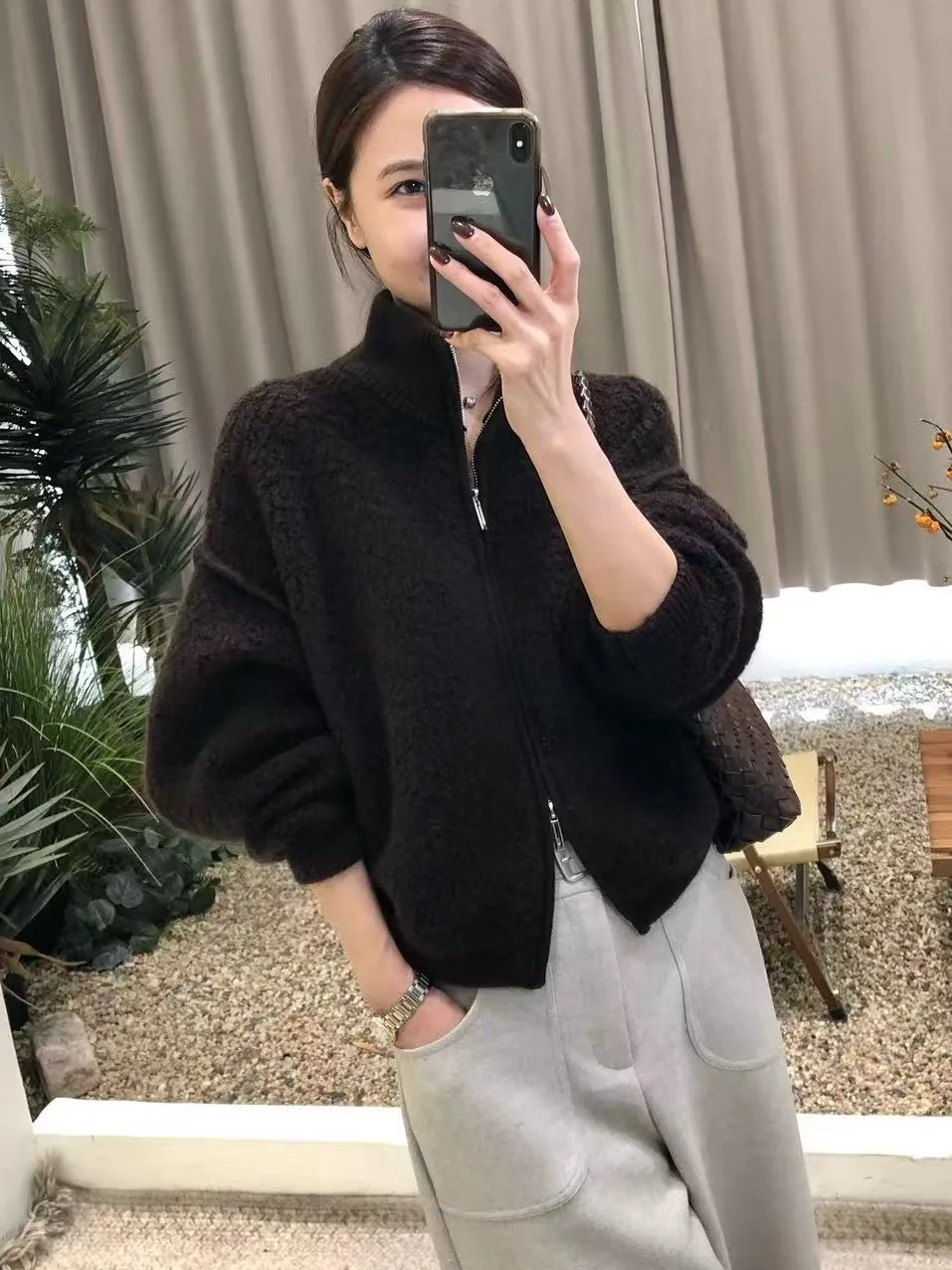 한국 슬레 티엔드 더블 지퍼 파티클 페이스 자켓 여성용 겨울 슬림핏 패셔너블 스웨터 또는 아우터웨어