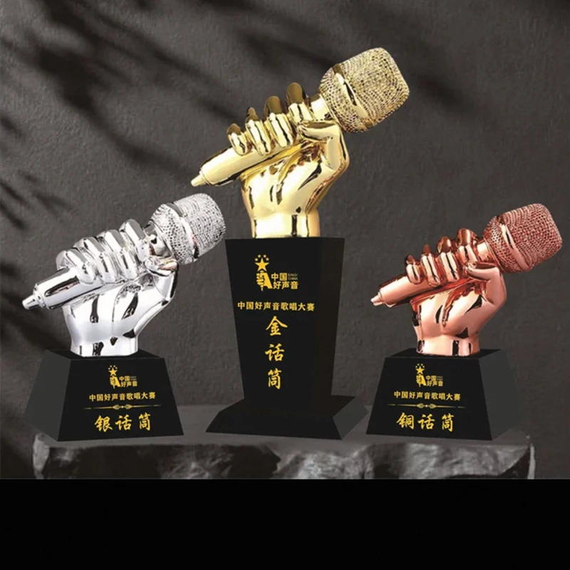 맞춤형 레진 금은동 마이크 트로피, 좋은 음성 장식 음악상 컵, 노래 대회 크리스탈 받침대, 1개
