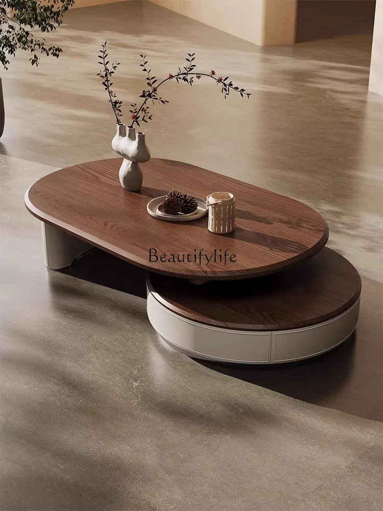 Retro Style Light Luxury Retractable round Tea Table Small Apartment Modern Simple Saddle Leather Tea Table