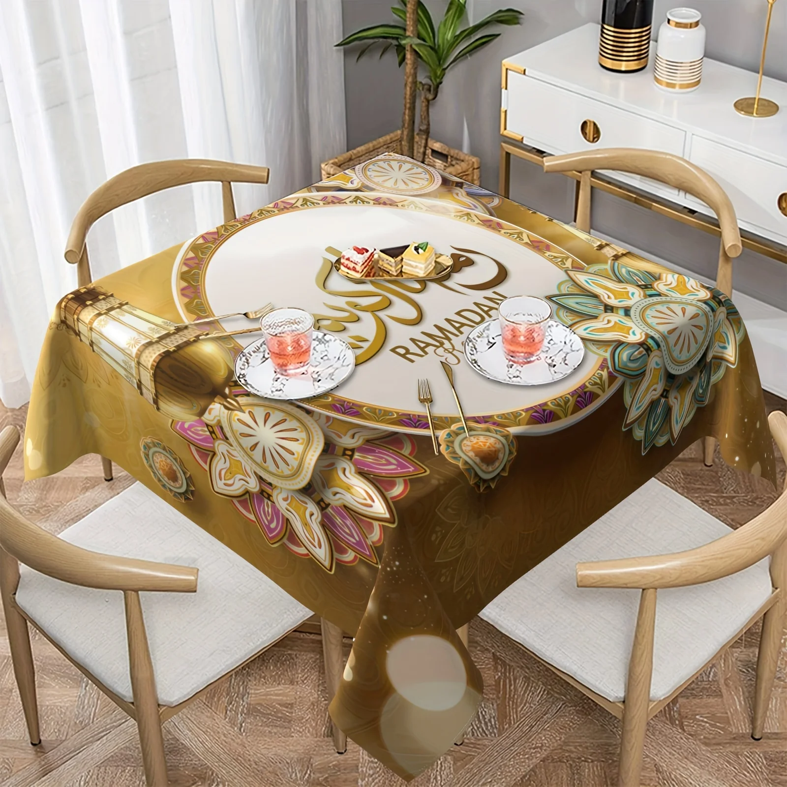 Eid & Ramadan Tablecloth Islamic Crescent Moon Arabic Calligraphy Design High Quality Polyester Table Cover Holiday Dining Decor