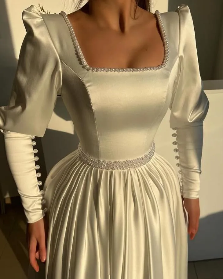 แขนยาวอาหรับ Caftan ชุดราตรีแขนยาว Customized ไข่มุก Matte Stain Ivory ดูไบปาร์ตี้พรหม 2025