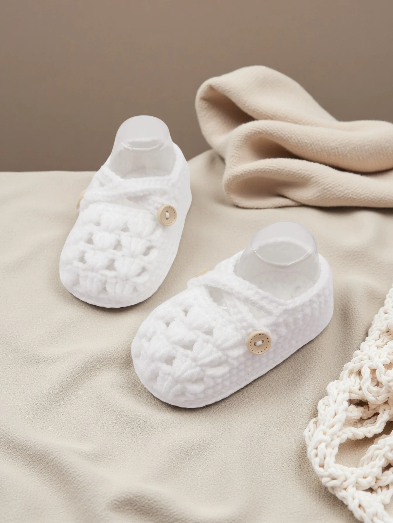

1 Pair Baby Crochet Mary Jane Booties, White Slippers with Button Closure, Infant Size