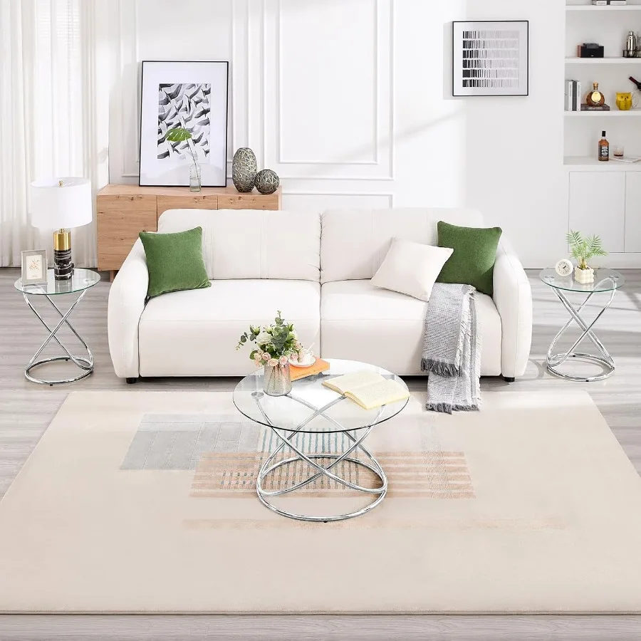 طاولة قهوة زجاجية مستديرة 31.5 مع إطار بيضاوي معدني لامع مطلي بالكروم طاولة قهوة فضية حديثة لغرفة المعيشة #5