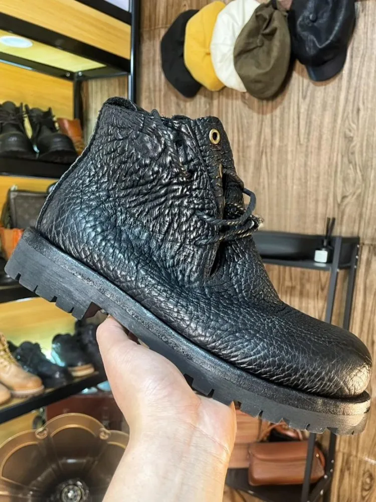 Handmade Retro Style Male Cowhide Round Toe Mid Heel Hard Wearing Ankle Boot Solid Color Thick Genuine Leather Lace-Up Boots