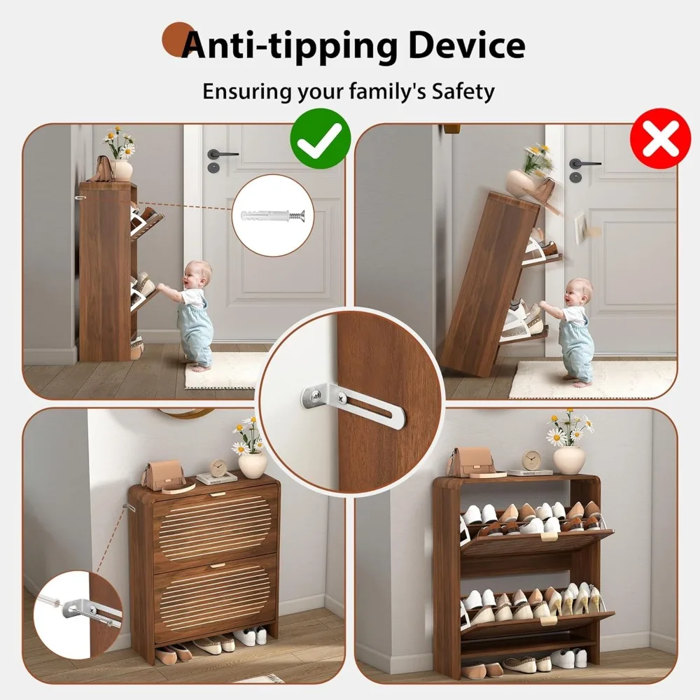 منتج عالي الجودة خزانة تخزين الأحذية الضيقة للمدخل مع درجين قابلين للطي، خزانة أحذية خشبية قائمة بذاتها مع شريط مقوس P #5