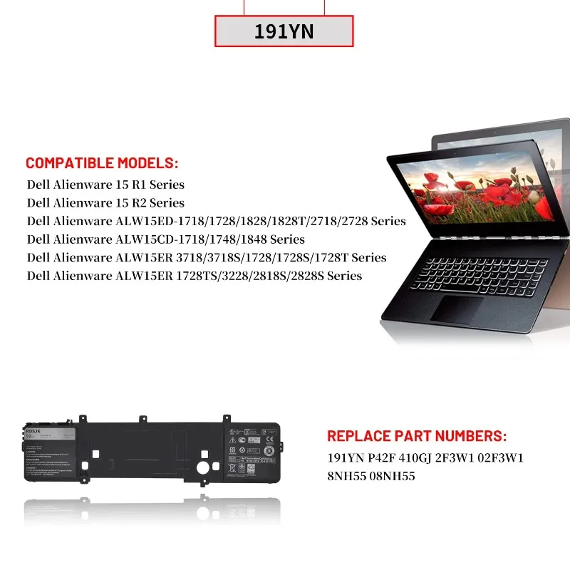 Laptop Battery 191YN for Dell Alienware 15 R1 R2 ALW15ED-1718 1728 1828 1828T 2718 2728 P42F 410GJ 2F3W1 02F3W1 8NH55 08NH55