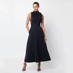 Navy Blue Prom Dress for Woman High Collar A Line Midi Prom Gowns with Pockets Tea Length Sleeveless Elegant Party Dresses 2025