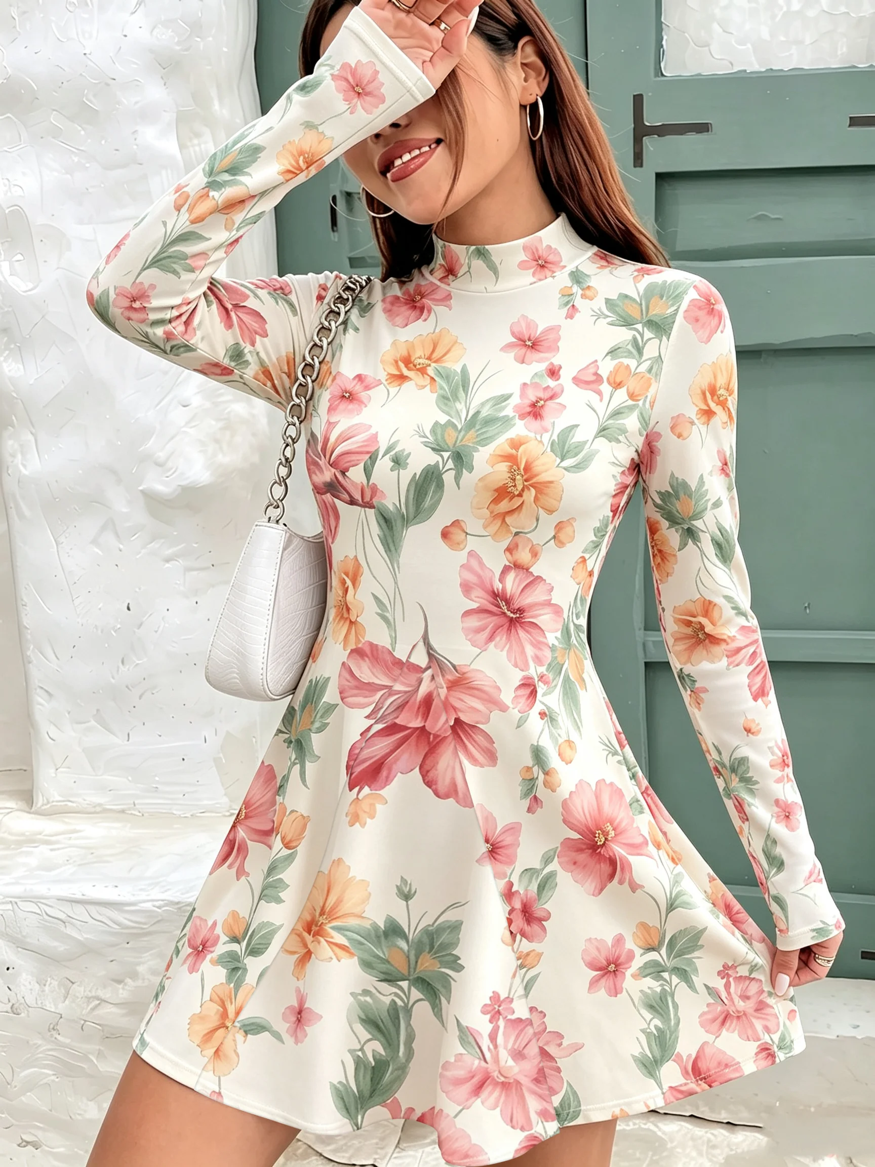 Damen Herbstkleid mit hohem Kragen, langen Ärmeln, A-Linien-Schnitt, lässiger Modedruck mit Blumen- und Blattdesign. – Detail 6
