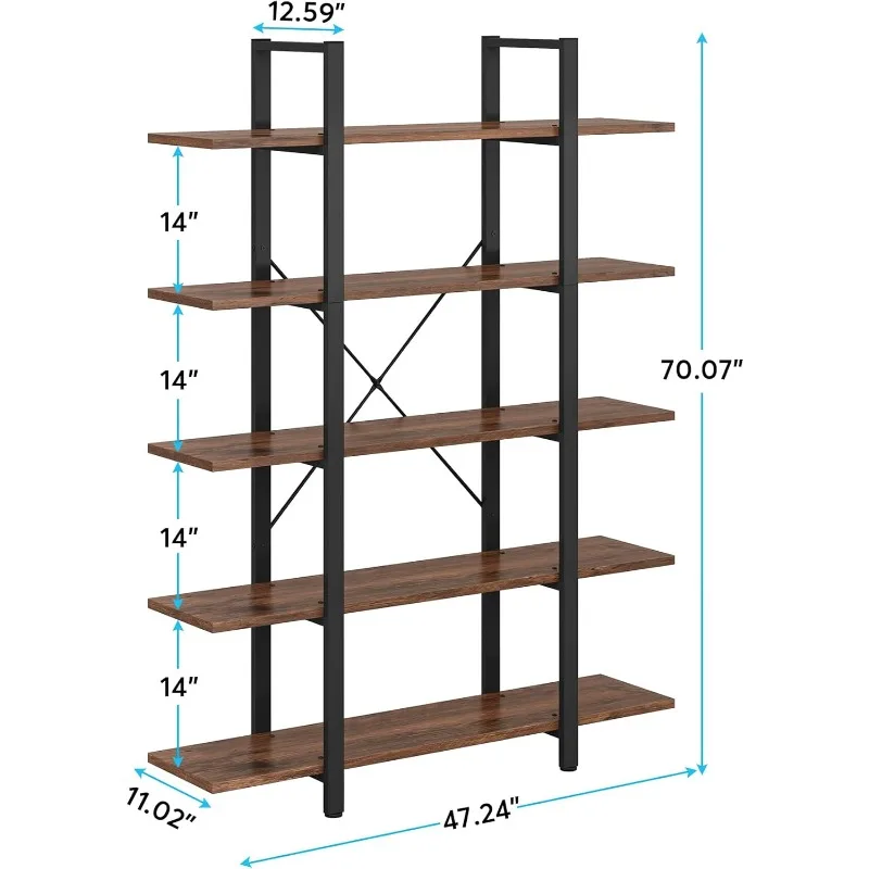 5-Tier Bookshelf, Vintage Industrial Style Bookcase 72 H x 12 W x 47L Inches (Retro Brown)