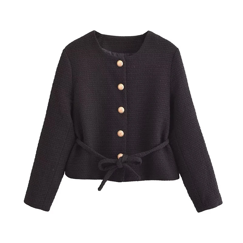 YENKYE New Autumn Women With Thin Self-belt Tweed Blazer Long Sleeve O Neck Single Breasted Elegant Outerwear Black Crop Coat