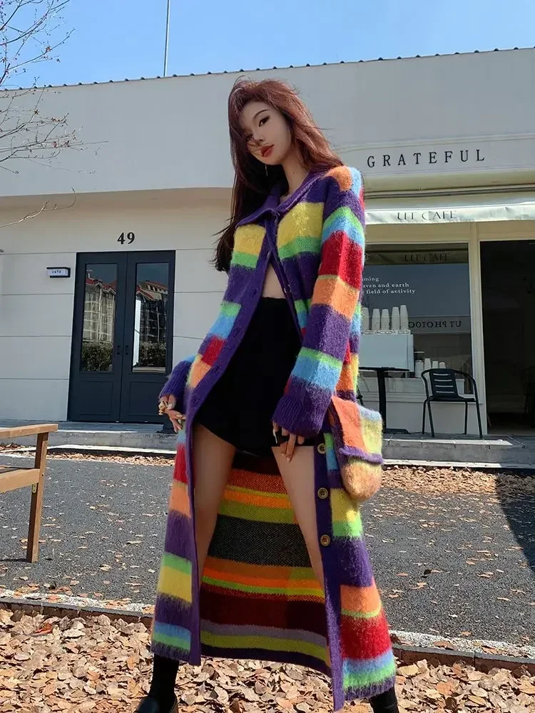 Hikigawa  Chic Fashion Mohair Women Rainbow Striped Knitted Cardigan Long Coats Loose Contrast Color Sweater Outerwear Mujer