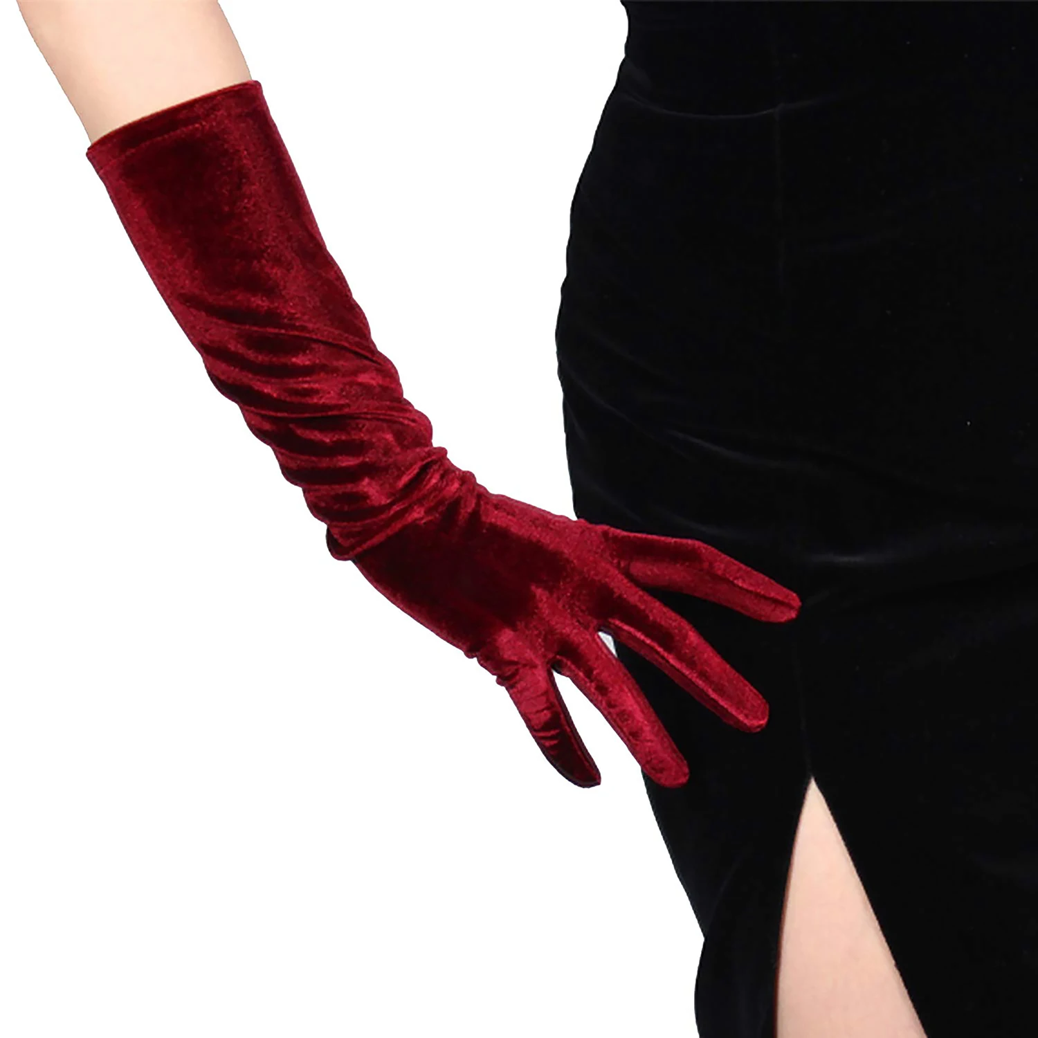 DooWay Women Burgundy VELVET Opera GLOVES Long 40cm Stretch Wine Retro 1920s Fashion Dressing Evening Christmas Costume Party