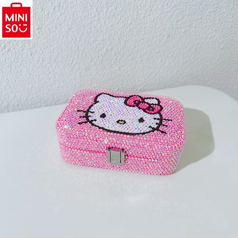 MINISO 2024 Fashion New High Quality Diamond Stick Hello Kitty Cute Jewelry Bag Women\'s Sweet Multi functional Storage Box