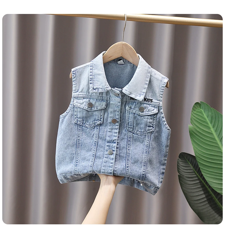 Baby Jungen Lässige Jeansweste mit Kapuze Neue Kinder Designer Modekleidung Outfit Kinder Ärmellose Jacke Hoodie Weste 2-9 Jahre – Detail 4